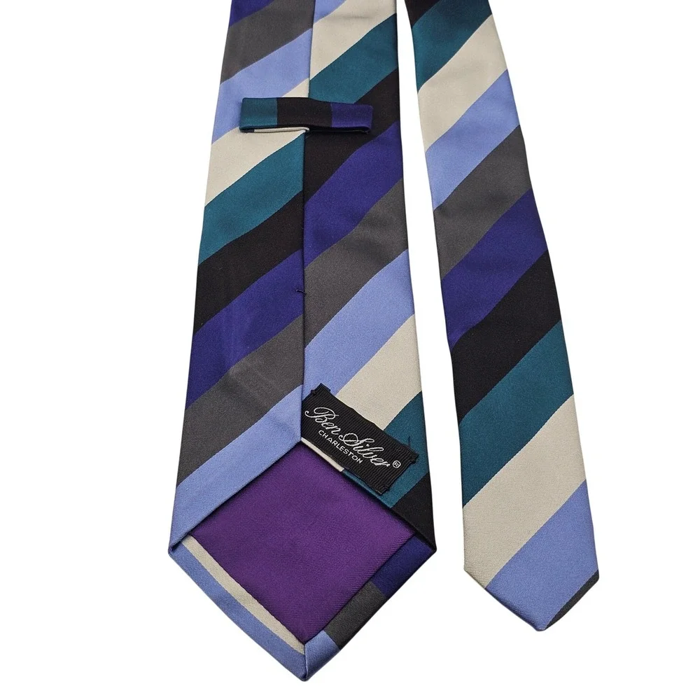 Ben Silver Silk Tie Blue Teal Grey Striped Preppy Ivy‎ League Handmade England